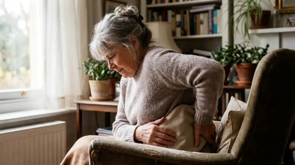 Seniorka si nahřívá bedra